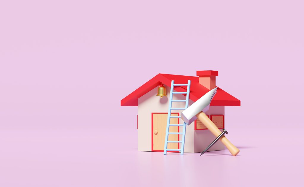 cartoon illustration of a house with some tool with a pink background.