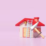 cartoon illustration of a house with some tool with a pink background.