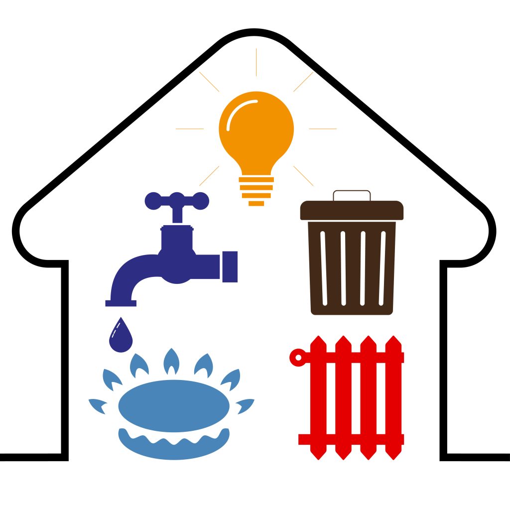 illustration of utilities including a lightbulb, faucet and trash can